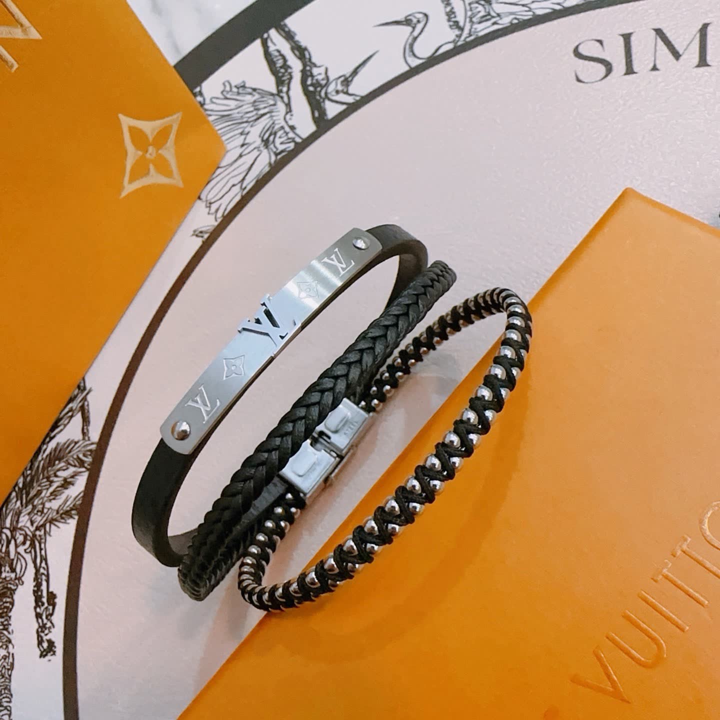 Louis Vuitton Leather & Metal Bracelet Set
